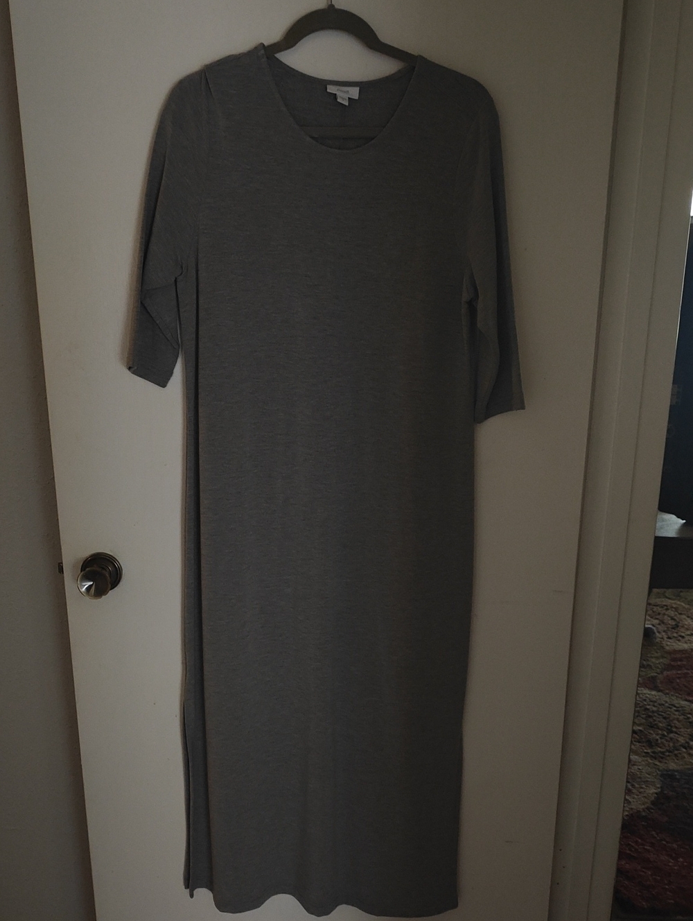 Women's Fleece Gray Midi Crewneck Dress With Side Slits & 3/4 Sleeves